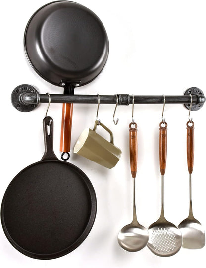 Pipe Pot Pan Rack Wall Mounted Kitchen Organizer with S Hooks, Industrial Cookware Hanger Bar Rail (24 inch, Black Gray)