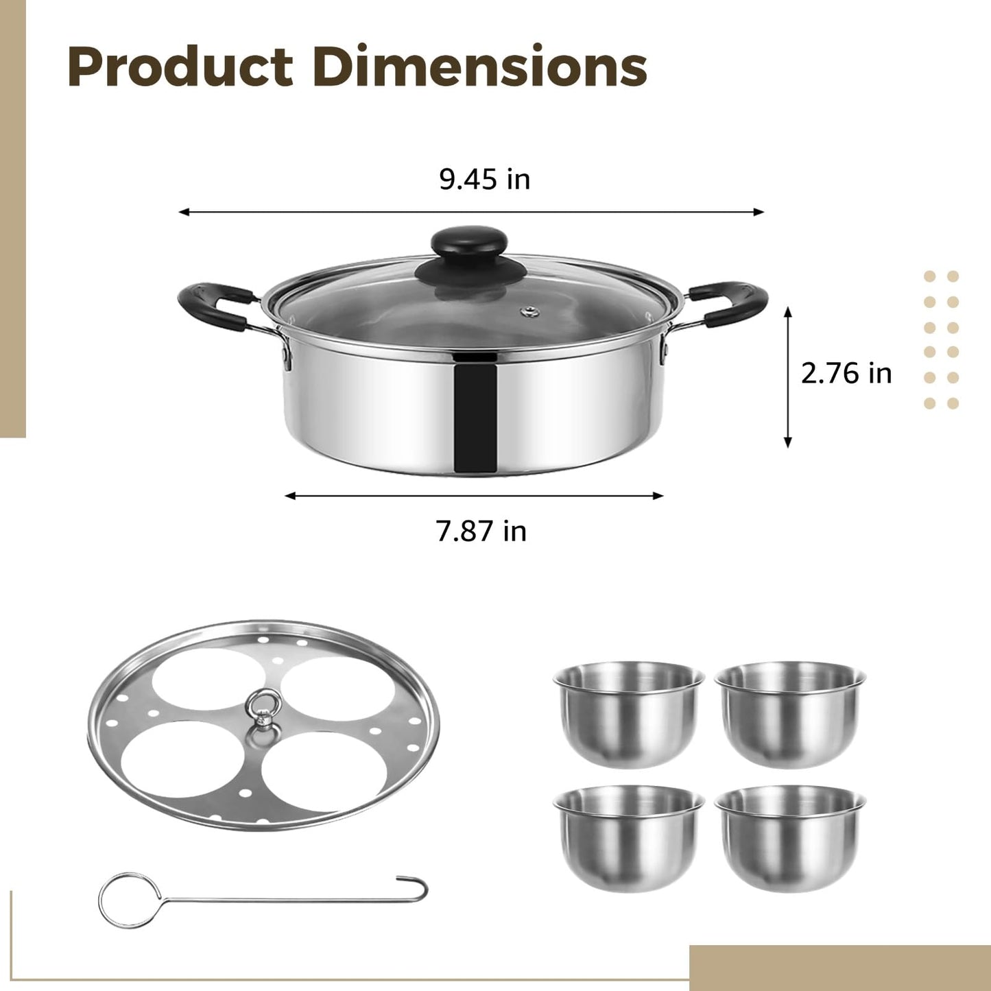 8 Inch Stainless Steel Egg Poacher Pan, 4 Egg Poaching Cups for Easy Release, Tempered Glass Lid for Visible Cooking, Healthy Long-lasting, All Stovetops Compatible