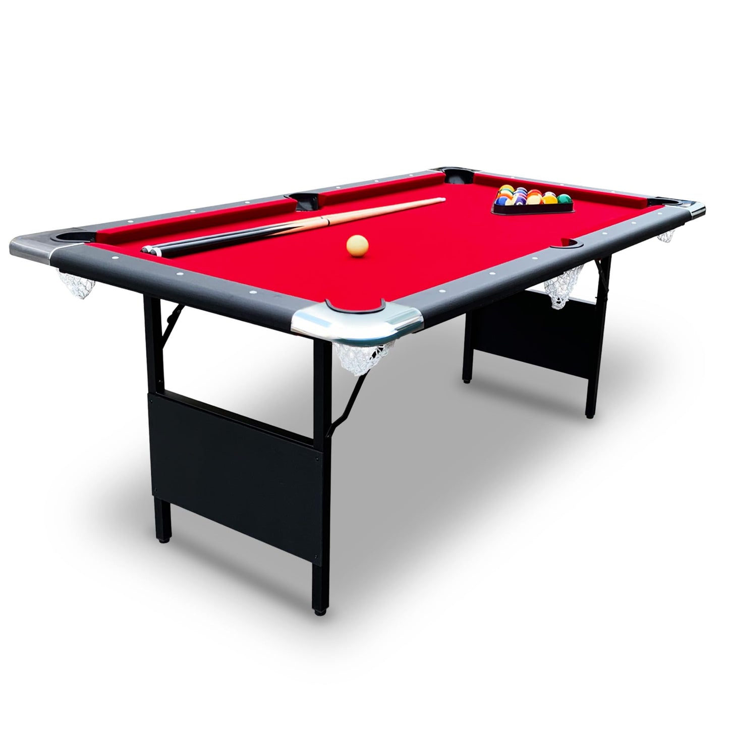 Hathaway Fairmont 6 Foot Folding Pool Table – Includes Full Set of Billiard Balls, Cues, Chalk, Triangle, and Carrying Bag – Portable Billiard Table with Red Felt, Black Finish