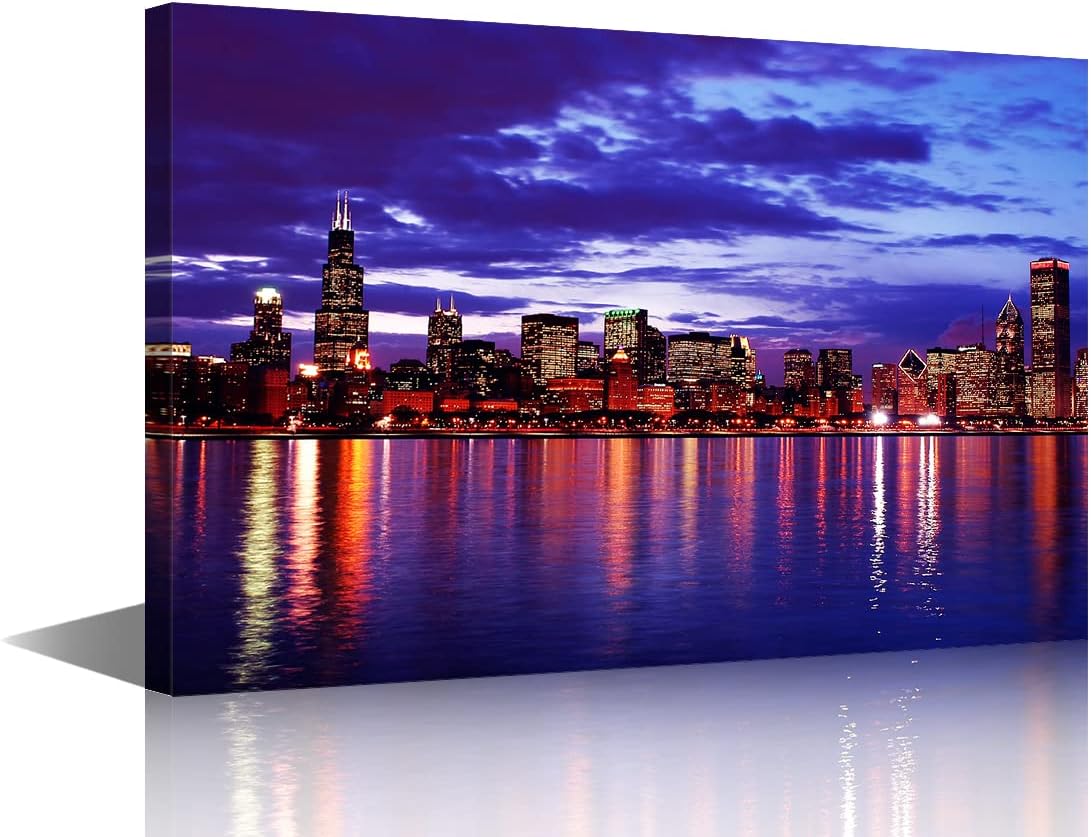 Chicago Cityscape at Night Wall Art Painting on Canvas, Modern Urban Building Panorama for Living Room