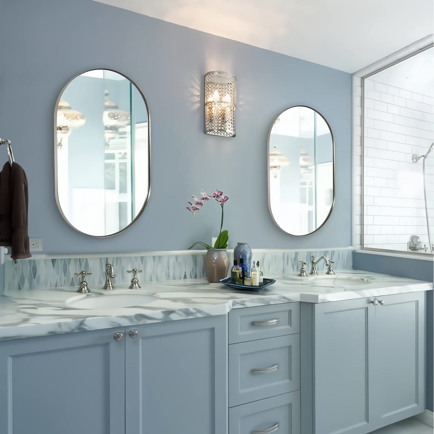 ANDY STAR Chrome Oval Mirror 26x38’’ Pill-Shaped Mirror Chrome Metal Framed for Bathroom Vanity in 1 Inch Stainless Steel Meatl Frame Anti-Rust Wall-Mounted Vertically/Horizontally