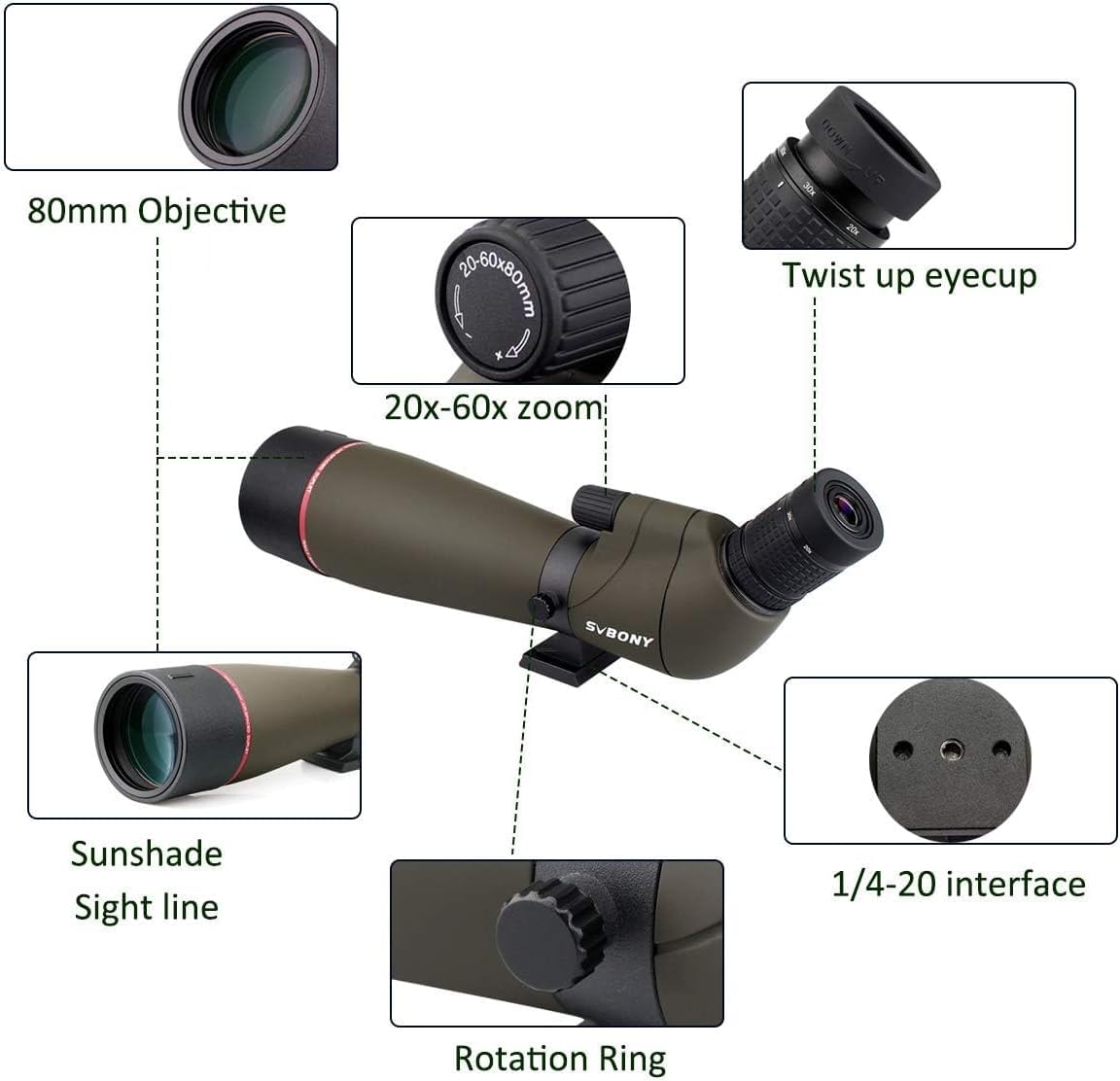 SVBONY SV13 Spotting Scope with SC002 WiFi Camera for Digiscoping, Waterproof & Fofproof, 20-60x80mm Long Range Spotter Scope for Wildlife Observation, Bird Watching