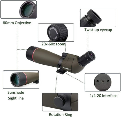 SVBONY SV13 Spotting Scope with SC002 WiFi Camera for Digiscoping, Waterproof & Fofproof, 20-60x80mm Long Range Spotter Scope for Wildlife Observation, Bird Watching