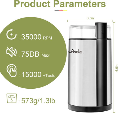 Wancle Electric Coffee Grinder, Quiet Spice Grinder with One Touch Operation for Beans and Spices, Stainless Steel