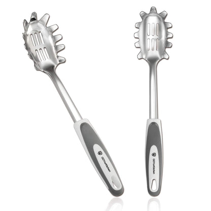 Premium Spaghetti Spoon Server Set - Stainless Steel Slotted Pasta Spoon and Fork with Comfortable Grip Design - Ideal for Serving and Straining Spaghetti, Noodles, and More - Set of 2 With Bonus Gift