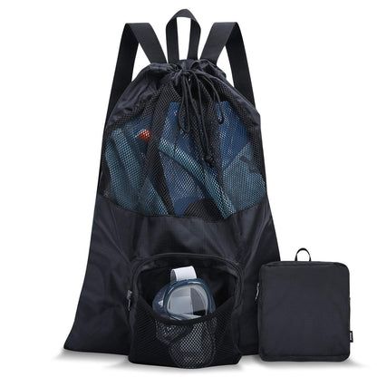 PACEARM Packable Swim Bag, Mesh Swim Drawstring Backpack with 35L Upgraded Capacity & Vented Design, Lightweight Swimmers Mesh Bag for Swimming Gear Snorkeling Equipment (Black)