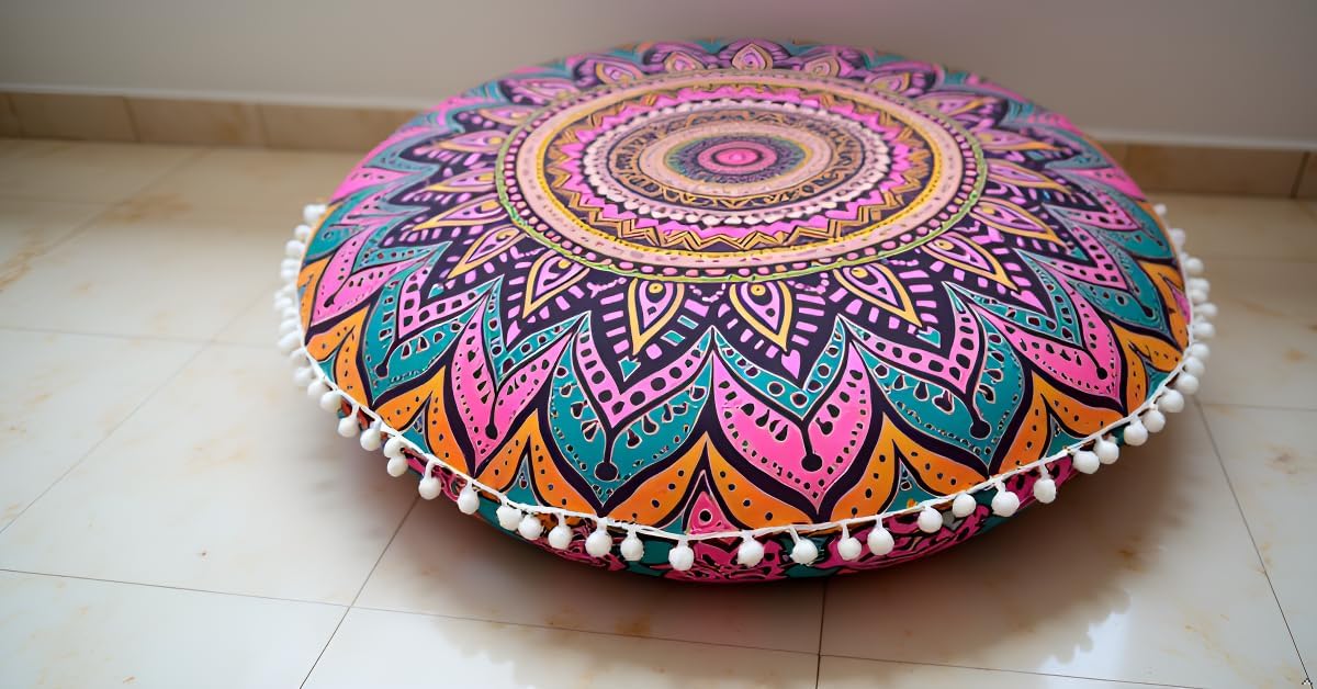 22 Inches Round Mandala Floor Pillow Cover Seating Cushion Throw Cover Ottoman Pouf Cover Pom Pom Pillow Cases Hippie