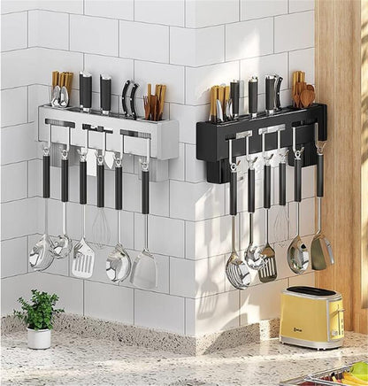 Wall Mount Utensil Holder - 15.7'' Stainless Steel Kitchen Rack with Knife Holder, Towel Bar, and Hooks