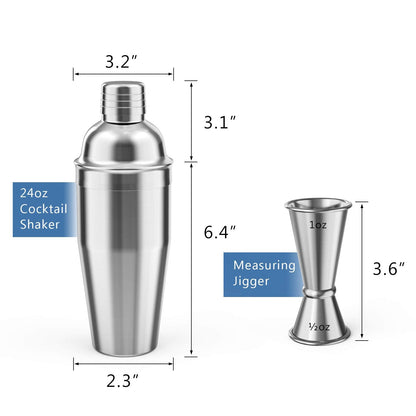 LUCKYGOOBO Cocktail Shaker with Double Measuring Jigger,Professional Stainless Steel 24oz Martini Shaker Set,Drink Built-In Strainer,Bartender Kit.
