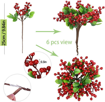 Felice Arts 6 Pack Christmas Picks, Artificial Red Berry Stems, Fake Holly Berries for Xmas Tree Ornaments