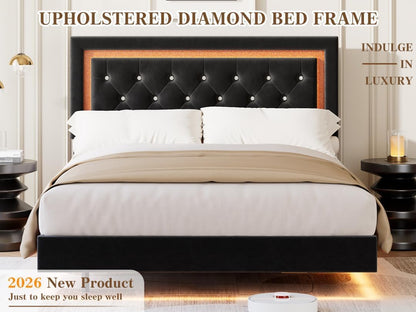 Floating Queen Platform Bed Frame with Smart LED Lights – Modern Diamond Upholstered Headboard, Noise-Free Wood Slats, Under-Bed Storage, Easy Assembly, Contemporary Bedroom Furniture，Queen Black