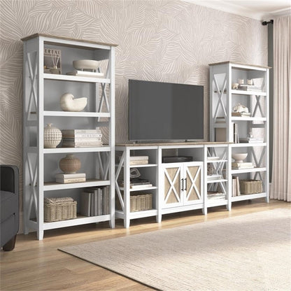 Bush Furniture Key West Tall TV Stand with Set of 2 Bookcases, Farmhouse Entertainment Center for 65 Inch Television, 17D x 60W x 66H, Pure White and Shiplap Gray