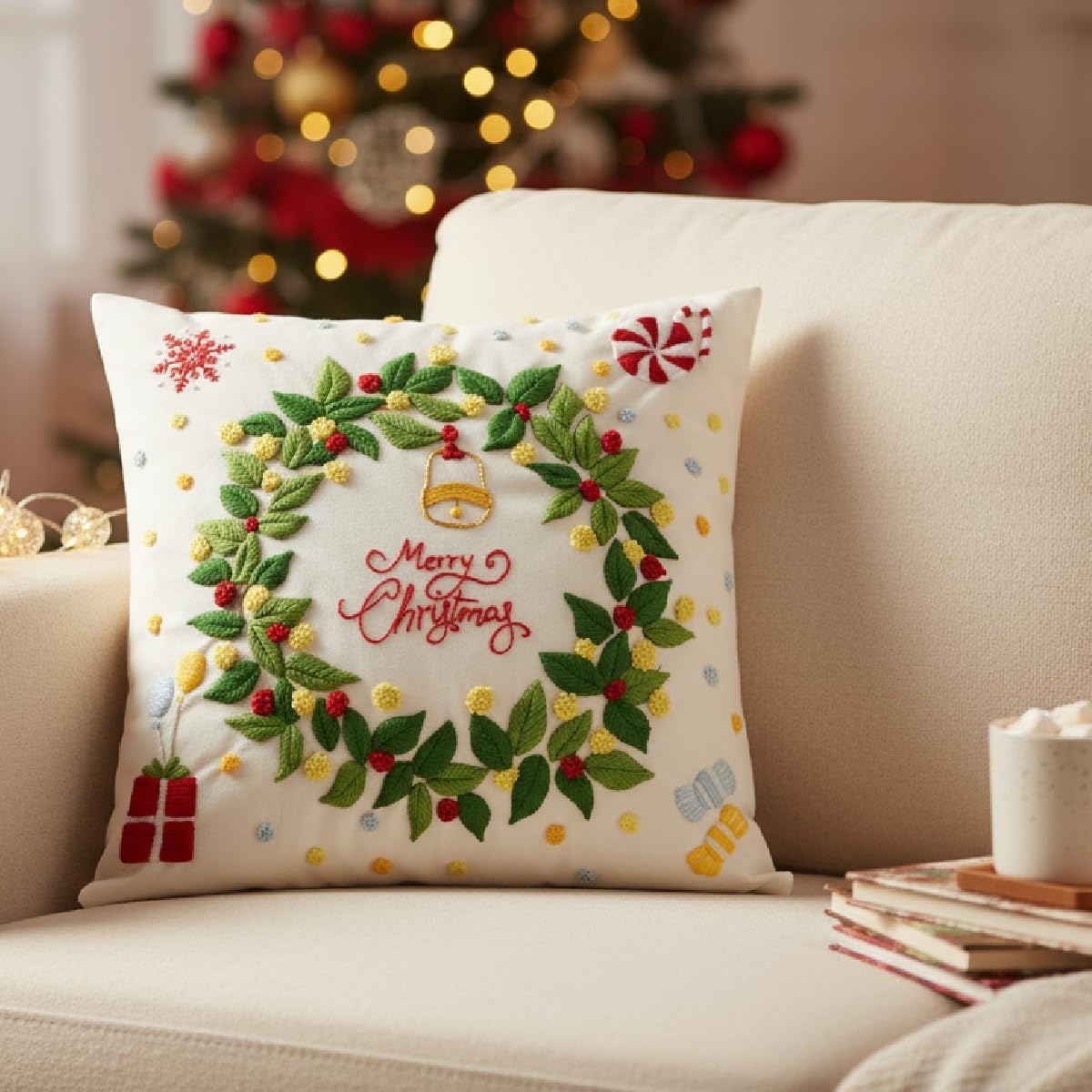 GQKHSS DIY Embroidery Kit, Decorative Pillow Cover with Floral Design,18 x 18'',Complete Starter Set with Thread and Tools,No Pillow Core (Garland)