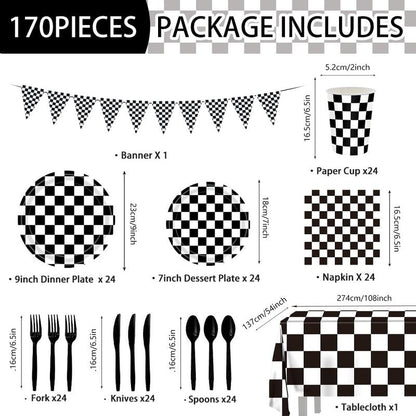 170 Pcs Race Car Birthday Party Decorations Black and White Checkered Plates and Napkins, Checkered Party Supplies Serves 24