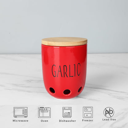 HAOTOP Ceramic Garlic Keeper for Counter, Garlic Saver Container with Wood Lid, Garlic Keeper for Kitchen, Garlic Holder to Keep Your Garlic Cloves Fresh Longer (Red)