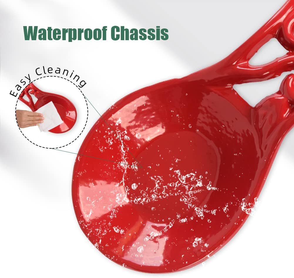 Sturdy Cast Iron Spoon Rest Holder for Stove Top, Unbreakable Kitchen Countertop Ladle Holder, Pumpkin Red