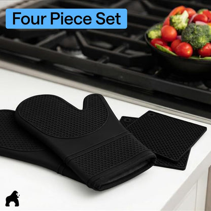 GORILLA GRIP BPA-Free Soft Silicone Oven Mitts and Pot Holders Sets of 4, Heat Resistant Waterproof Cooking Gloves, Thick Cotton Lining, Flexible Gripping for Baking Grilling, Kitchen Trivets, Black
