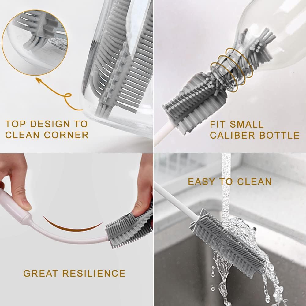 Bottle Cleaning Brush Set, 3pcs Long Handle Silicone Cleaner Brushes + Thermos Lid Cup Brush + Drinking Straw Brush