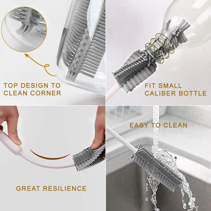 Bottle Cleaning Brush Set, 3pcs Long Handle Silicone Cleaner Brushes + Thermos Lid Cup Brush + Drinking Straw Brush