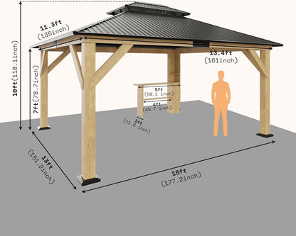 AMERLIFE 13x15 Spruce Wood Hardtop Carport, Outdoor Gazebo with Double Metal Roof & Storage Bar, Paviloin with Wood Frame for Patio, Parties, Garage, Lawns