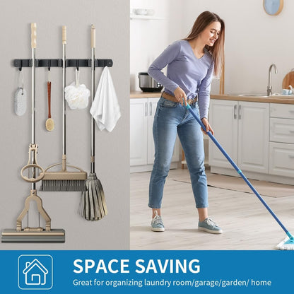 Skiennix Heavy-Duty Broom Hanger & Mop Holder - Wall-Mounted Organizer Rack with 4 Hooks | Matte Black
