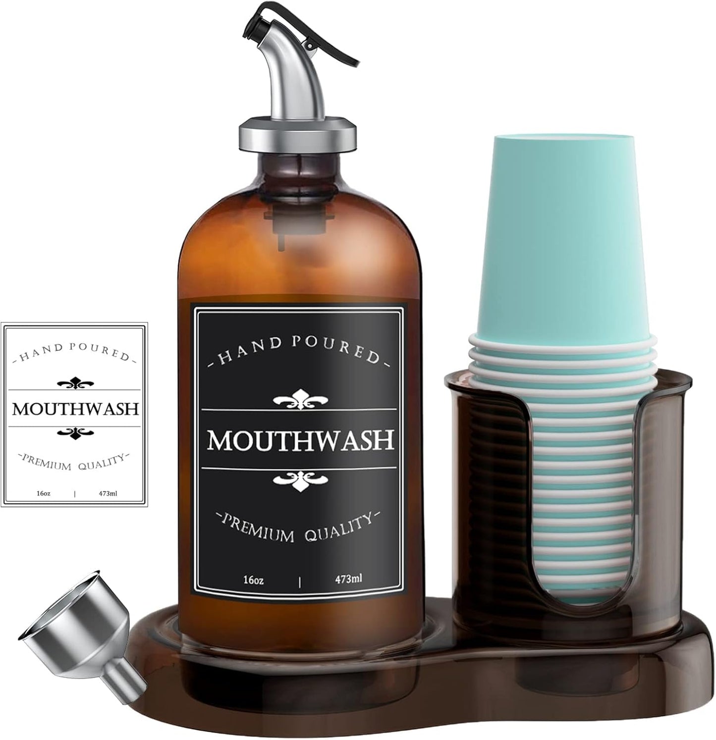 16oz 2 Amber Glass Mouthwash Dispenser with Cup Holder for Bathroom, Refillable Mouthwash Bottles Container with Tray