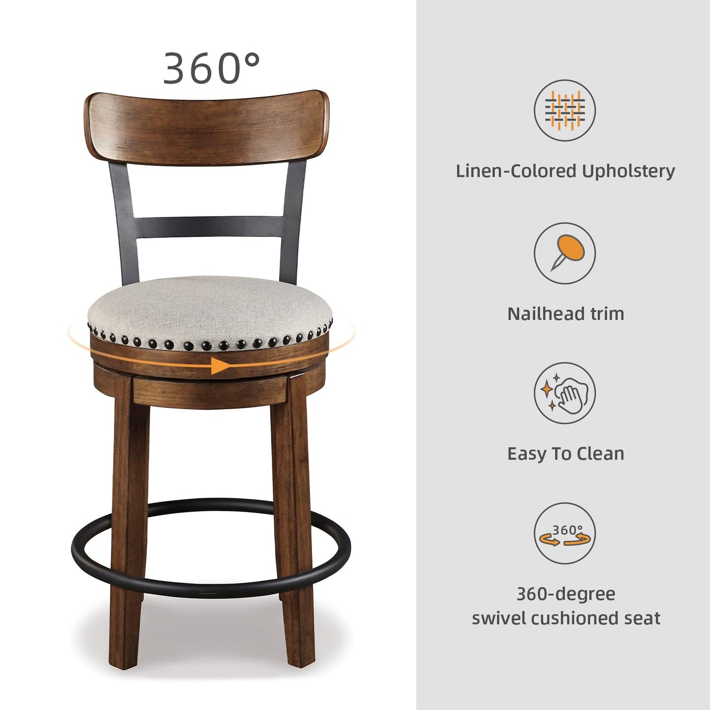 Signature Design by Ashley Valebeck Swivel Barstool With Back, Rustic-Industrial Wood and Metal, 360-Degree Swivel Counter Height Stool for Kitchen Island Seating, Linen Color