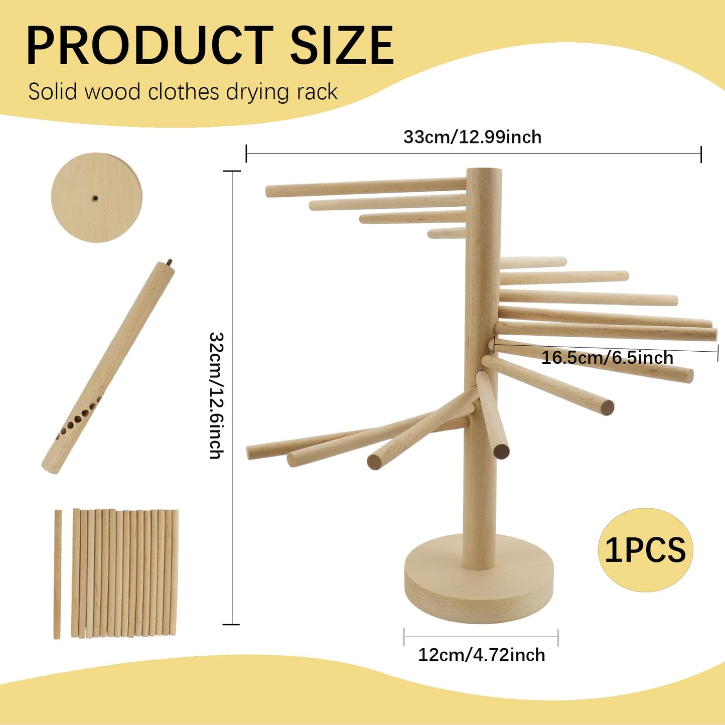 Pasta Drying Rack 16 Arms–12.9" Wooden Noodle Drying Stand with 6" Hanging Bars for Fresh Spaghetti Fettuccine Homemade Pasta