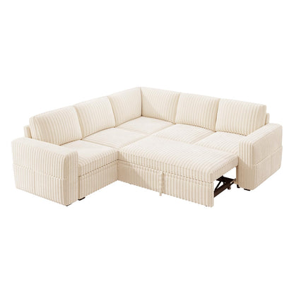 HONBAY Modular Sectional Sleeper Sofa with Pull Out Bed,Corduroy L Shaped Couch with Storage, Sectional Couches for Living Room,Beige