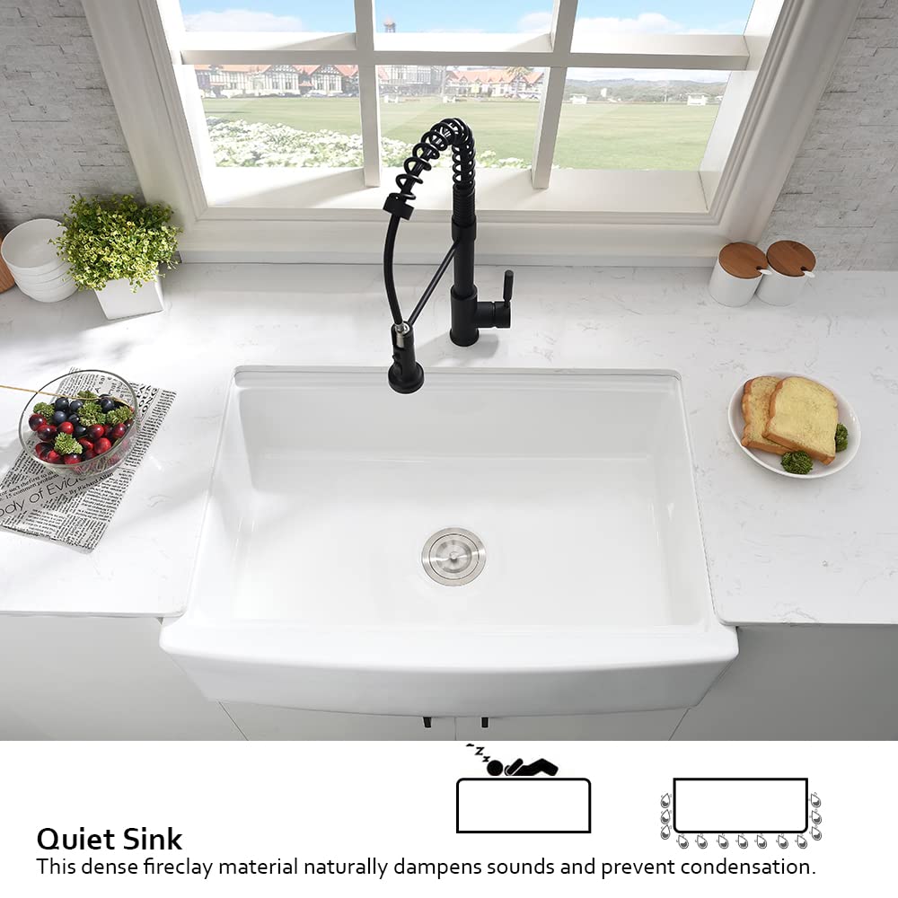 33 Inch White Farmhouse Sink Workstation-Hovheir 33x21 Apron Front Farm Sink White Fireclay Porcelain Ceramic Farmhouse Kitchen Sinks Workstation Deep Single Bowl Farmer Sinks with Cutting Board