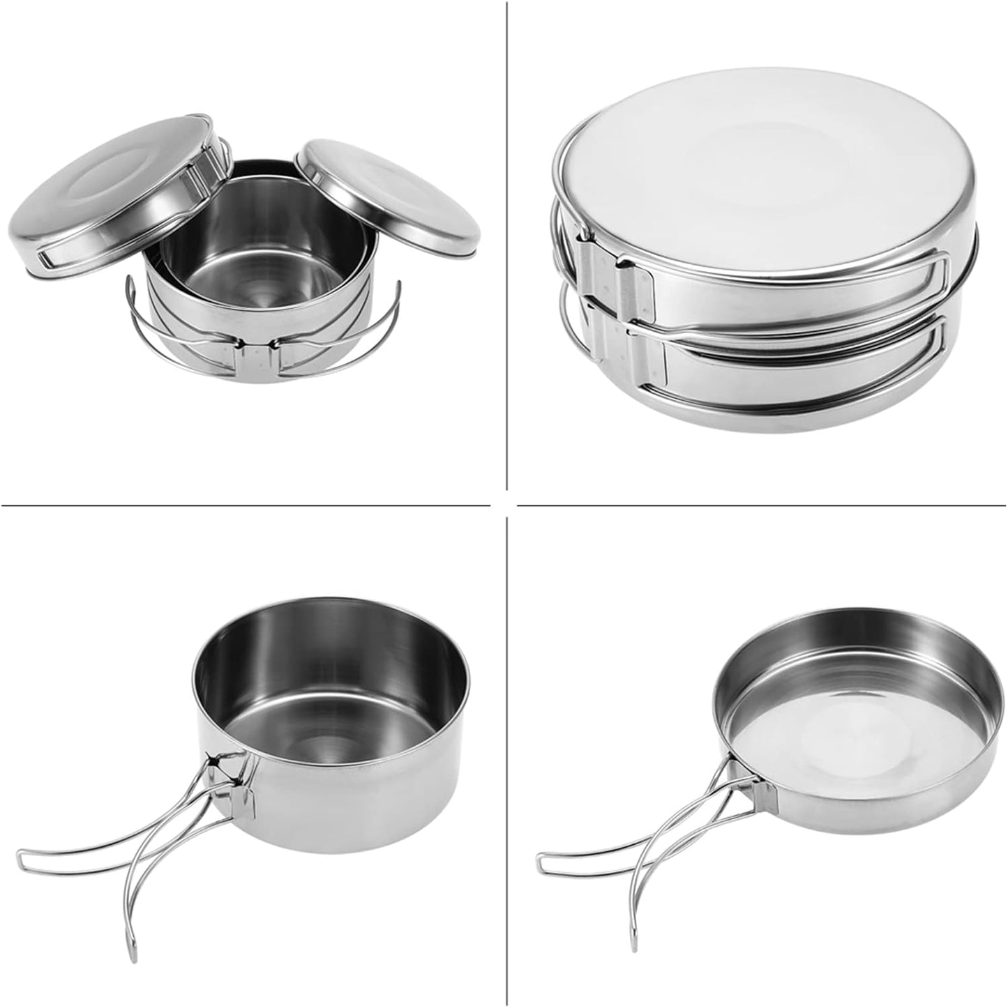 Portable Cookware Set, 4 Pcs Stainless Steel Camping Kitchenware Pan Pot Plate Tableware for Outdoor Cooking