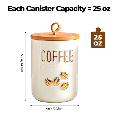 Sowlvenco White Ceramic Canister Set for Coffee Tea Sugar, 3-Piece Food Storage Jars with Wood Airtight Lids, Decorative Small Container for Kitchen Pantry Counter - 25oz