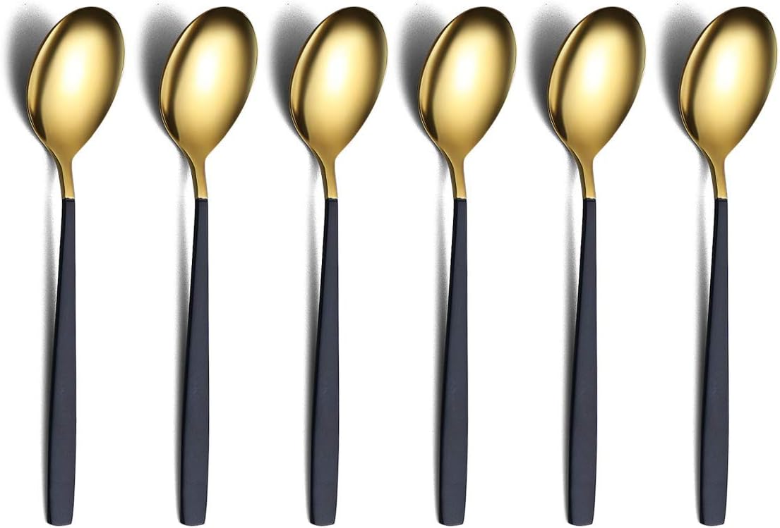 Homquen 6 Pieces Black and Gold Plating Coffee Spoons, 6.3" Modern Design Stainless Steel Tea Spoons Set