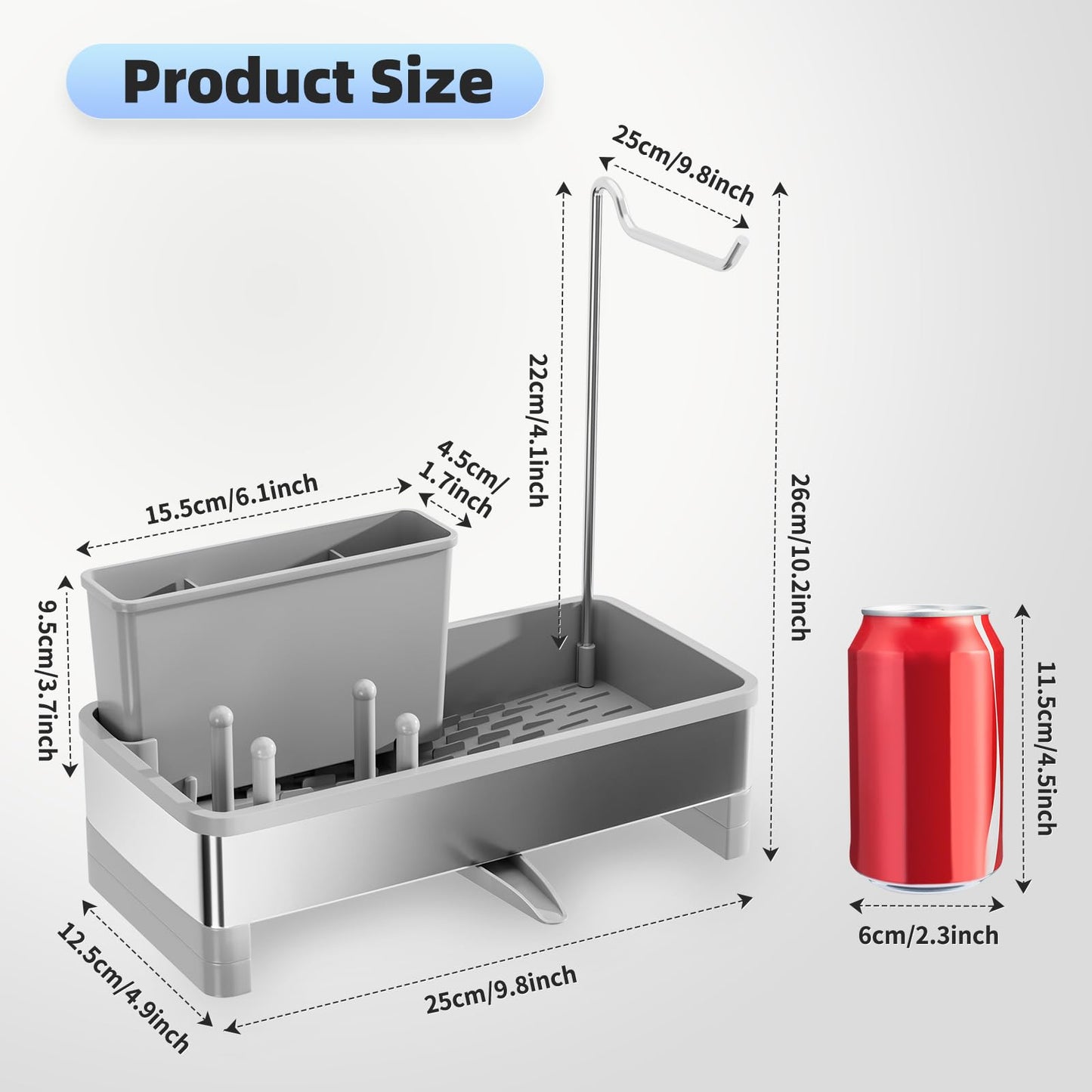 Ewaiira Sponge Holder for Kitchen Sink, Stainless Steel Sink Caddy with Brush Holder & Dishcloth Rack, Countertop Sink Organizer, Soap Dispenser Kitchen Organizers Storage Essentials (F-Gray 9.8″)