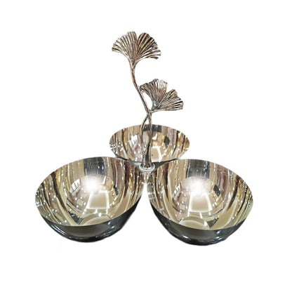 ＫＬＫＣＭＳ Stainless Steel Snack Bowls,3 in 1 Cluster Serving Bowls,Decorative,Portable,Connected Fruit Bowl for Snacks Home Decor Tea, Ginkgo Handle