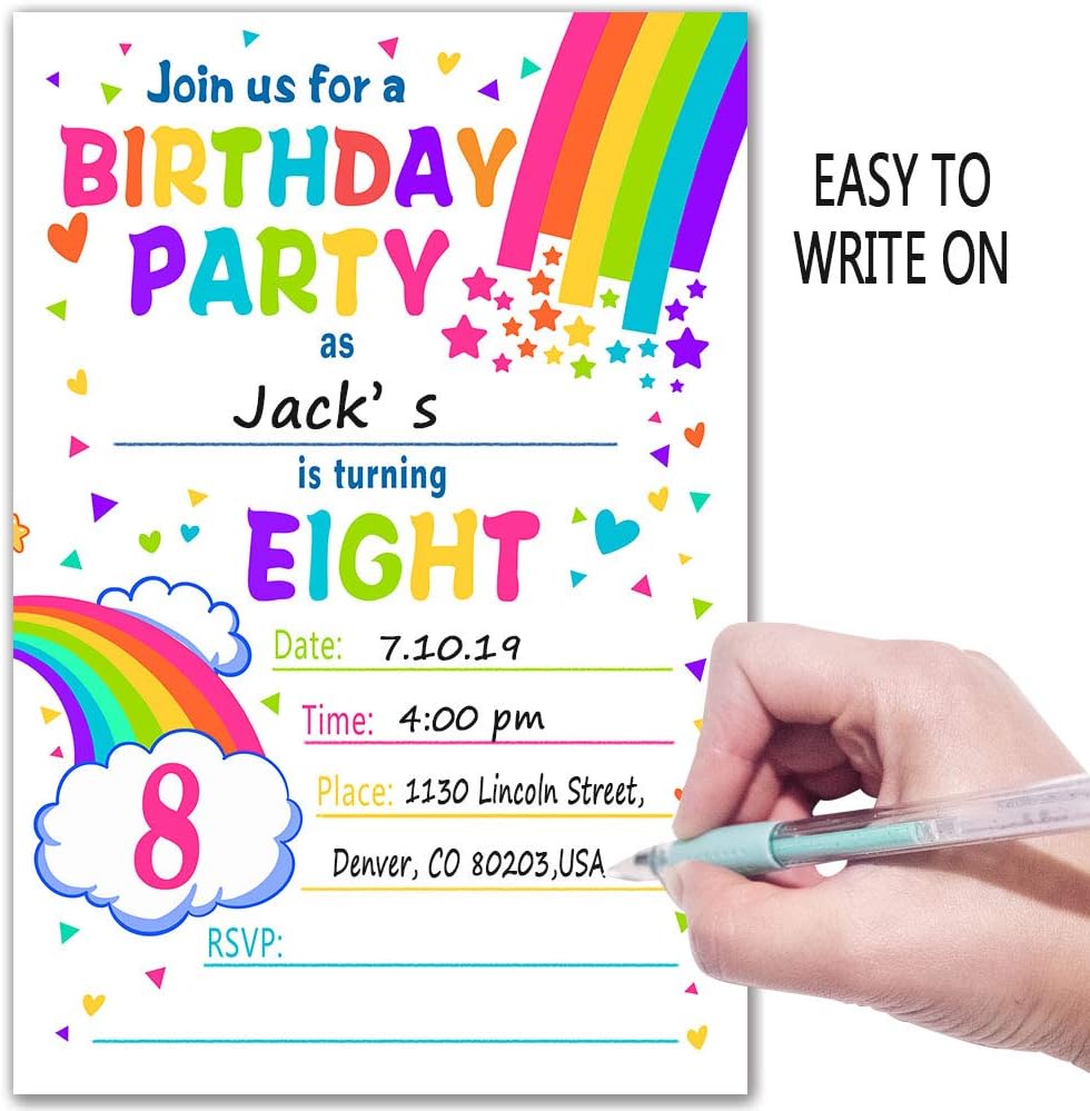 ukebobo Rainbow Happy Birthday Party Invitations for Child’s 8th Birthday – 20 Colorful Cards with Envelopes