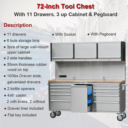UYRIE 72" Stainless Steel Rolling Tool Chest with 11 Drawers + 3 Upper Cabinets, Large Lockable Storage Cabinet, Mobile Workbench with Wheels for Garage Workshop (1 × HTC7214W1)