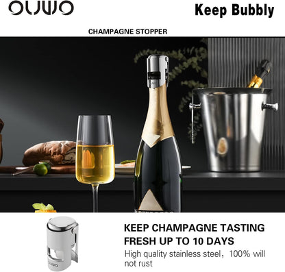 OUWO Champagne Stopper 6 Pack Stainless Steel Champagne Save with Food Grade Silicone, Leak-Proof Bubble Retaining Saver, Suitable for Champagne Prosecco Cava and Sparkling (Silver)