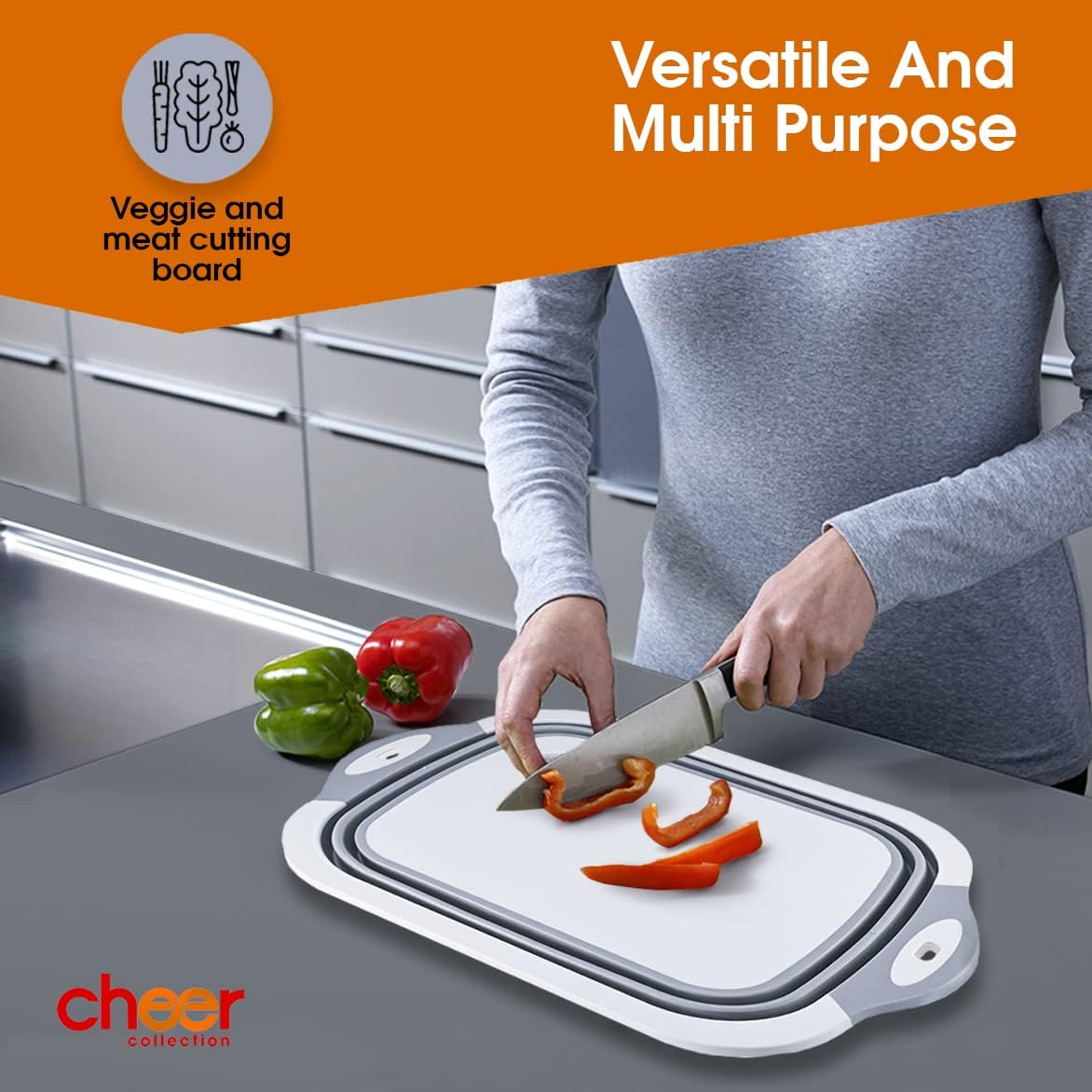 Cheer Collection Collapsible Cutting Board - Silicone Foldable Non-Slip Chopping Board with Drainage Hole