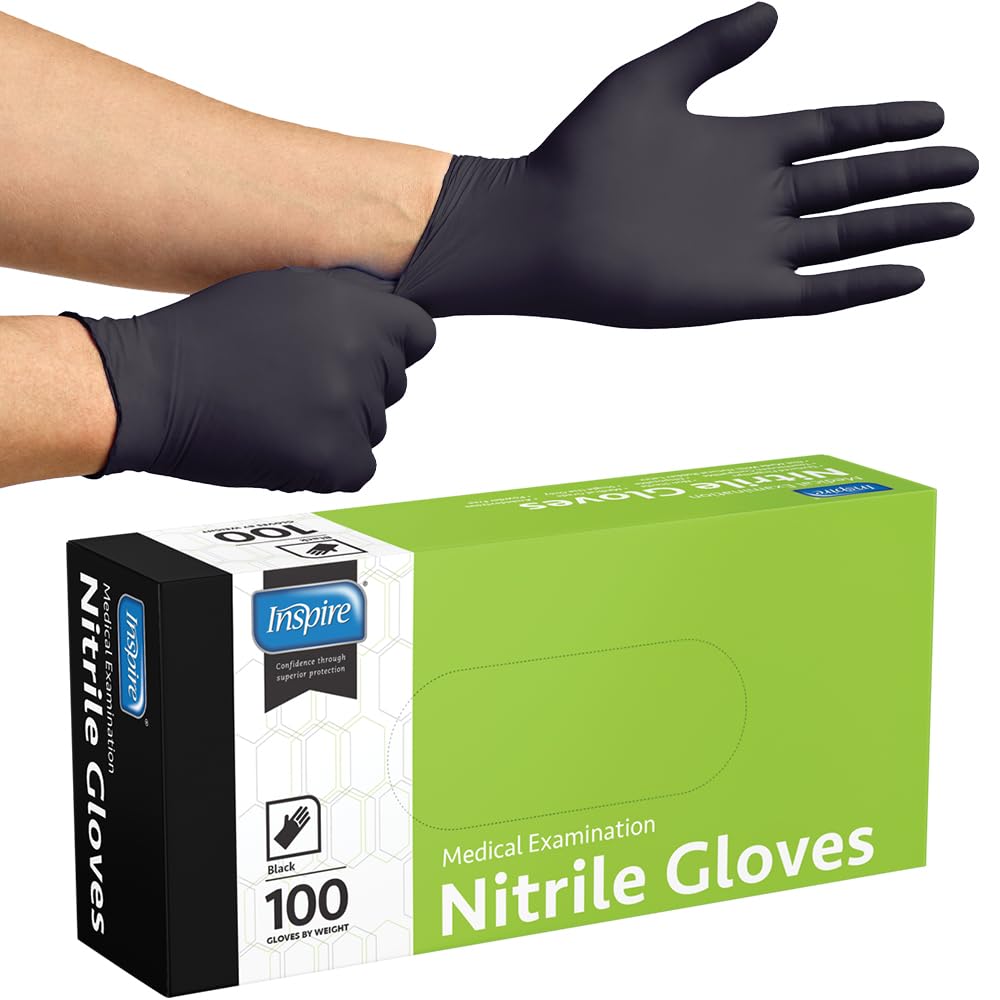 Inspire Black Nitrile Disposable Gloves | 4.5 Nitrile Disposable Safety Medical Cleaning Gloves (Black - Box Of 100, Large)