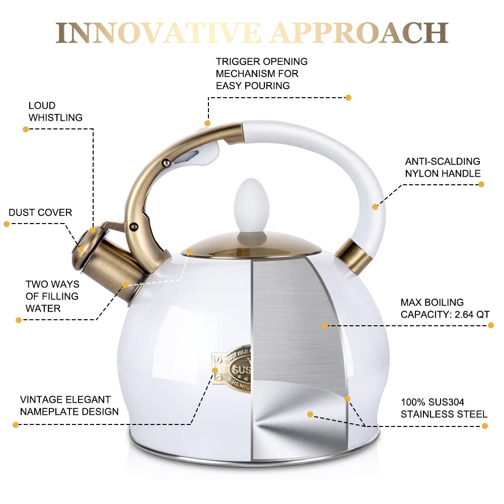 SUSTEAS Stove Top Whistling Tea Kettle - Food Grade Stainless Steel Teakettle Teapot with Cool Touch Ergonomic Handle, With 1 Silicone Pinch Mitt Included, 2.64 Quart(WHITE)