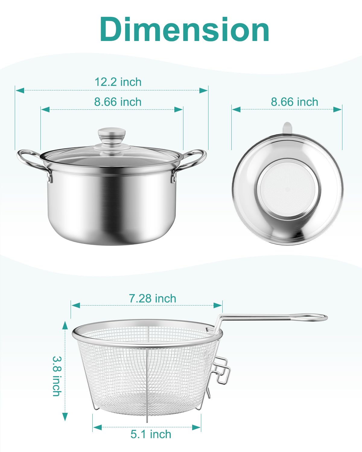 OPENICE Deep Fryer Pot with Basket, Stainless Steel Frying Pot with Basket Lid and Oil Strainer for Stove Top Frying, Boiling, 4.25qt Small Fryer Pot for 1-3 Peoples