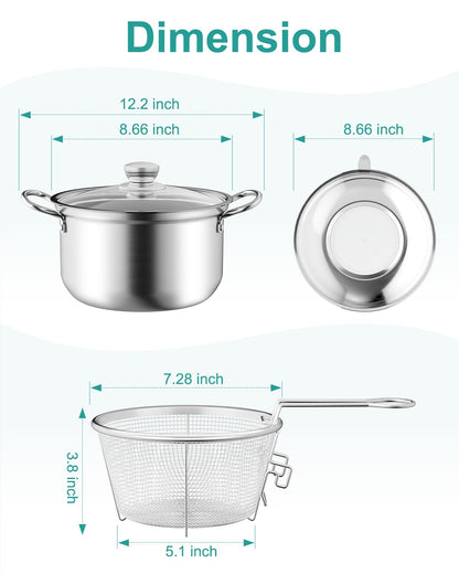 OPENICE Deep Fryer Pot with Basket, Stainless Steel Frying Pot with Basket Lid and Oil Strainer for Stove Top Frying, Boiling, 4.25qt Small Fryer Pot for 1-3 Peoples
