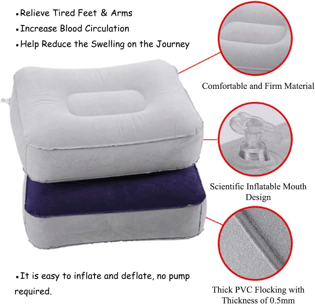 1 Inflatable Travel Foot Rest Pillow, Head Pad, Soft Flocking Pillow, Flights Relax Cushion Ottomans Leg Up with Air