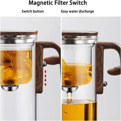 WCCDXGP 900ML Enchantipot Magic TeaPot, Water Separation Glass Tea Pot with Wooden Handle, Press Control Magic Tea