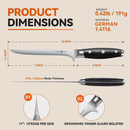 TUO Boning Knife, 7 inch Fillet Knife, German HC Steel Blade for Poultry & Fish, Full Tang Pakkawood Handle, BLACK HAWK