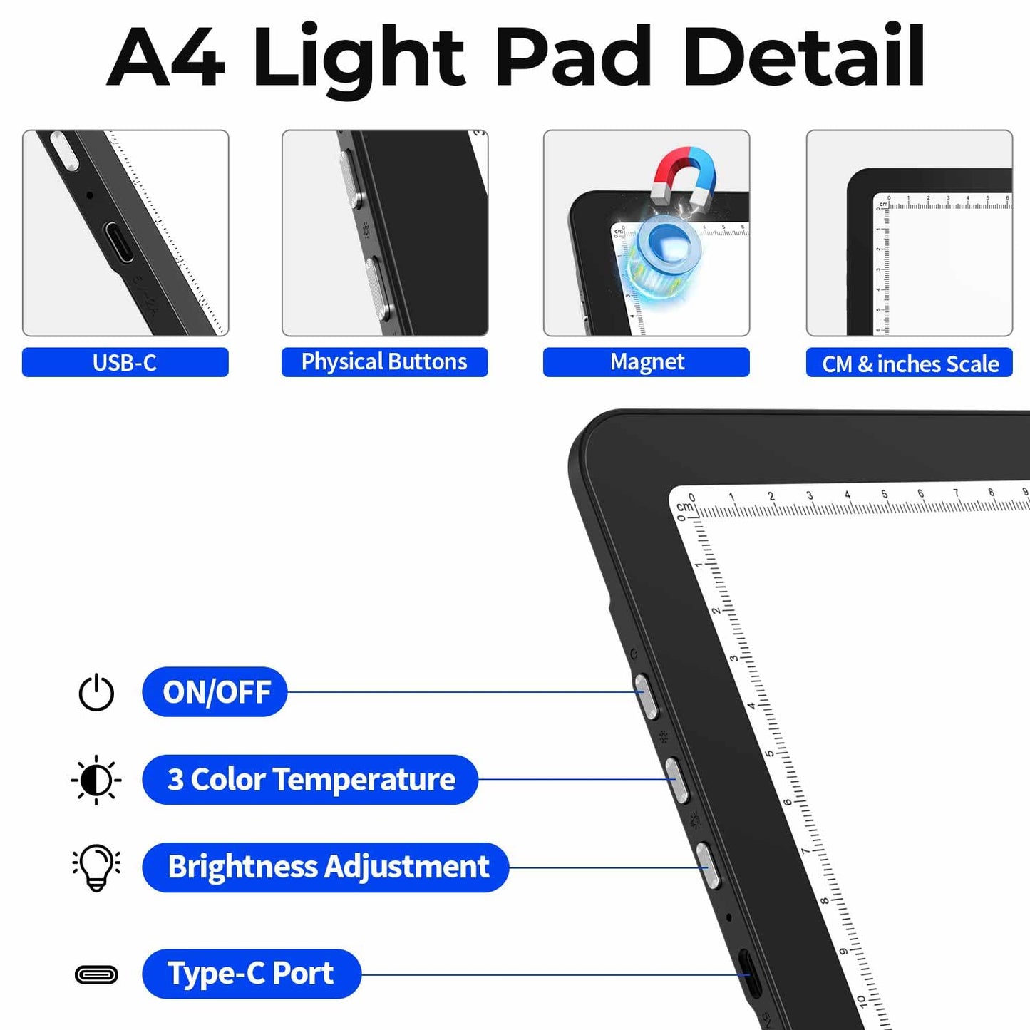 Heanolier Rechargeable A4 Light Board with Stand & Padded Case,7100Lux Bright Magnetic Light Pad with Side Buttons,Wireless Light Box for Tracing,LED Light Table for Diamond Painting,Sketching,Drawing
