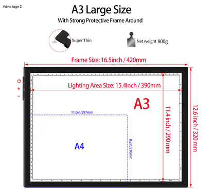 WELZK Light Board A3, 16.6×12.6inchs Light Pad, Side Button Design, 9 Levels/Stepless Dimming, Light Box Widely for Diamond Painting, Tracing, Weeding Vinyl etc.