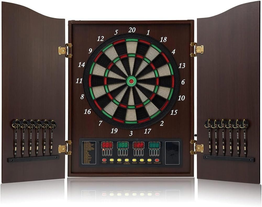 Electronic Dart Board Set, Dart Board Cabinet Set with 12 Soft Tip Darts 50 Dart Head, Electronic Dart Board, Wooden Cabinet Doors with Integrated Scoreboard for Home Use, Bars, Dar, B