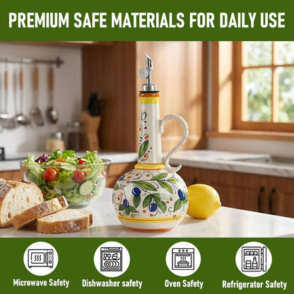 18 oz 2 Ceramic Olive Oil Dispenser Bottle - Hand-Painted Italian Kitchen Decor Oil Cruet with Spouts, Silicone Funnel